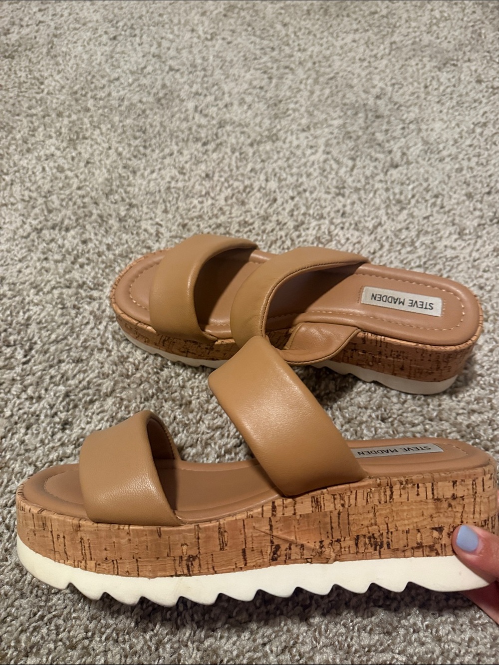 Steve Madden Tan Cork-Platform Dual-Strap Slide Sandals